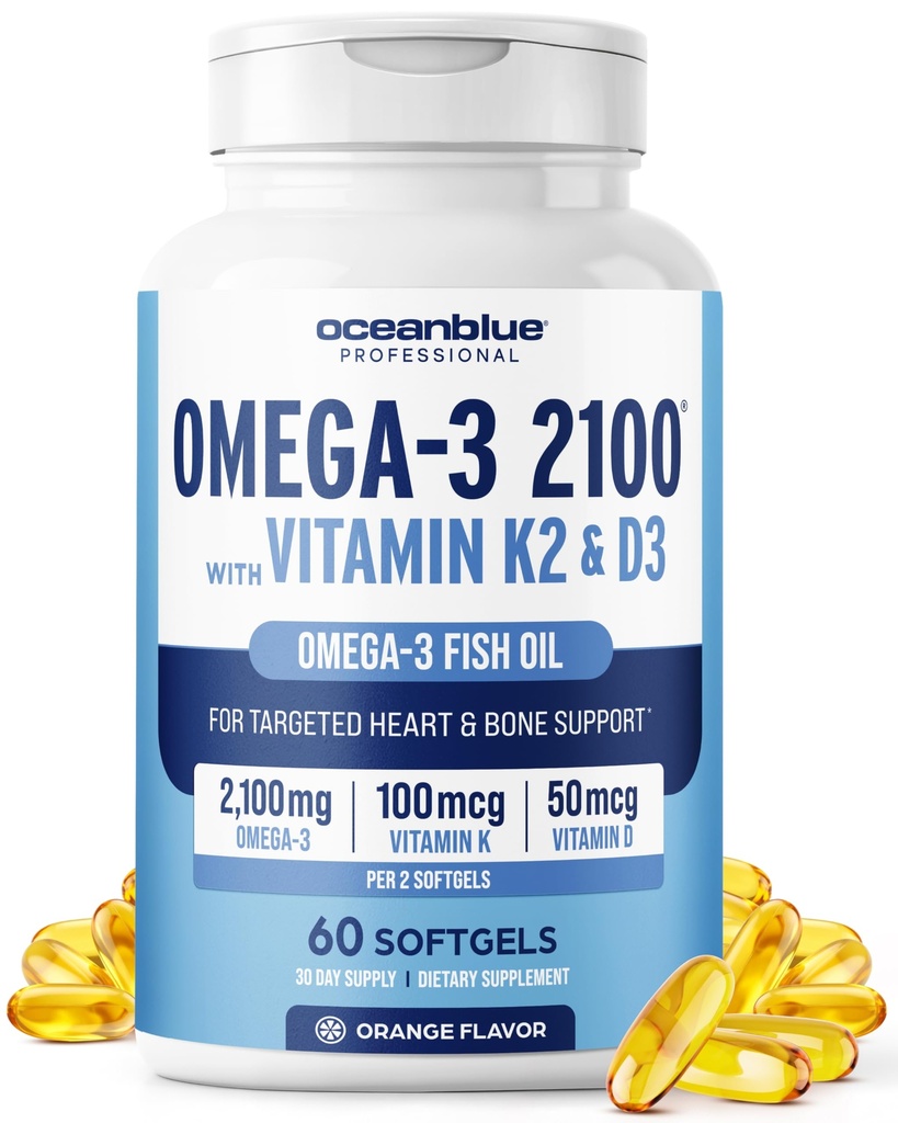 海洋蓝专业Omega-3,2100 配有维生素K2和维生素D3-60 计数 - 三强无鱼油Omega-3 配有环保局,DHA & DEA - 野生抓捕 - 橙色Flavor, 30名服役者