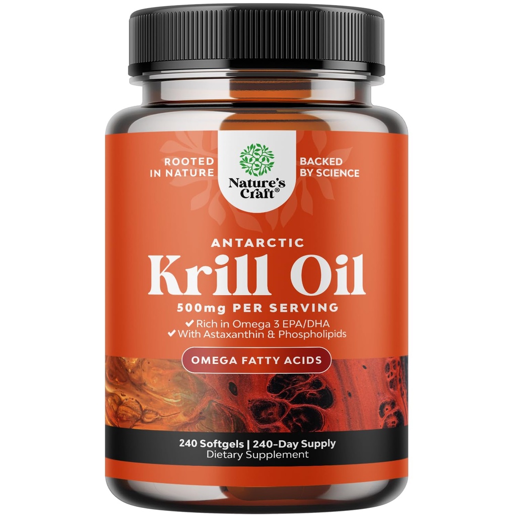 南极磷虾油500mg软胶 - Omega 3 Krill Oil Supplex 配有 EPA DHA & Astaxanthin 用于大脑联合和心脏 - 第三方实验室测试无胶体转基因或鱼肉余味(最多8个月供应)