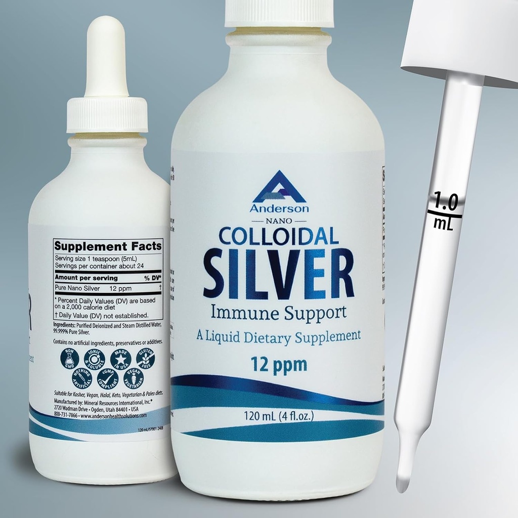 Nano Colloidal Silver for Imune Support, 12 PPM Deionized Silver, 4 Oz玻璃瓶与测量滴水器, 24种服务