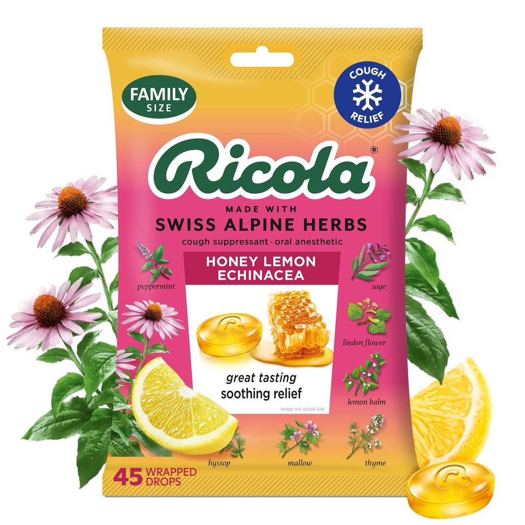 Ricola Honey Lemon with Echinacea Cough Drops, 45 Counter, 美味的喉咙救济和护理,口腔麻醉, 自然火爆