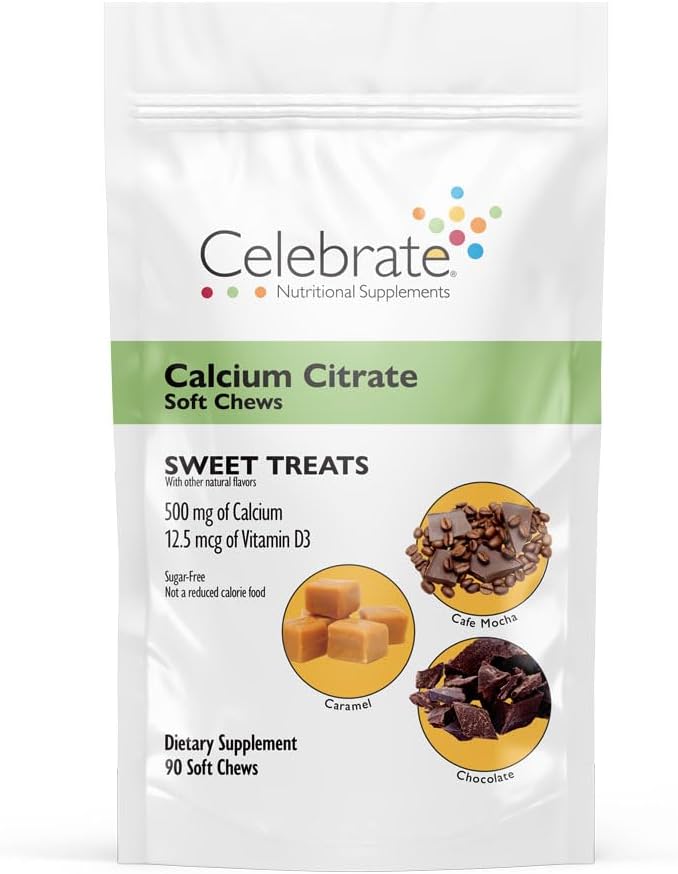 庆祝维生素Bariarical Calcium Citrate 软菜配有维生素D3,500mg,无糖和无胶钙 Citrate for Bariatric Patients, Sweet Treats, 90 Count
