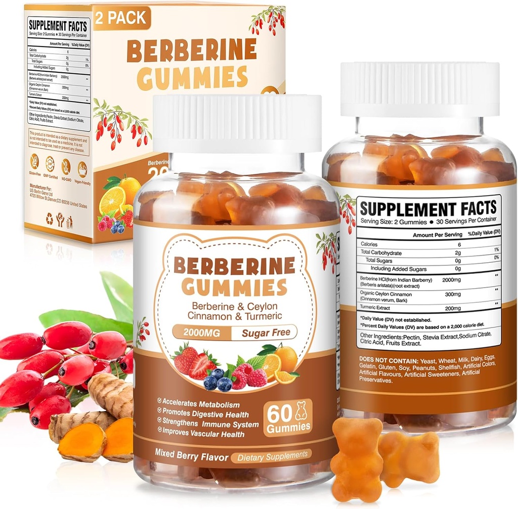 120 伯伯林伯爵抽取 Gummys 2000mg 天然有机柏柏林抽取 HCI 补充 Ceylon Cinnamon Turmeric 供男性使用 支持消化性免疫系统 混合贝里 Flavor