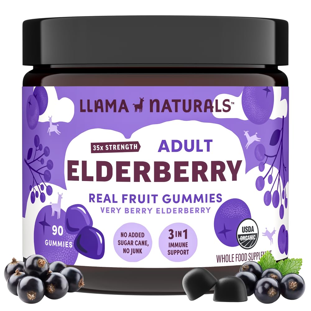 Llama Naturals Melderberry Gummys for addors, Vegan, 有机免疫辅助剂,配有维生素C和锌, Real Fruit Gummy Vitamins for Exception, Chewable, no add Sugar Cane,90 Ct