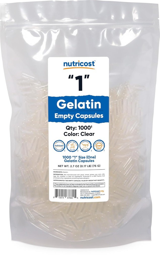 营养成本 空卡普勒斯 Gelatin 大小 1-1000 清空 Gel Capsules - Kosher, 非 GMO, Soy Free, Gluten Free