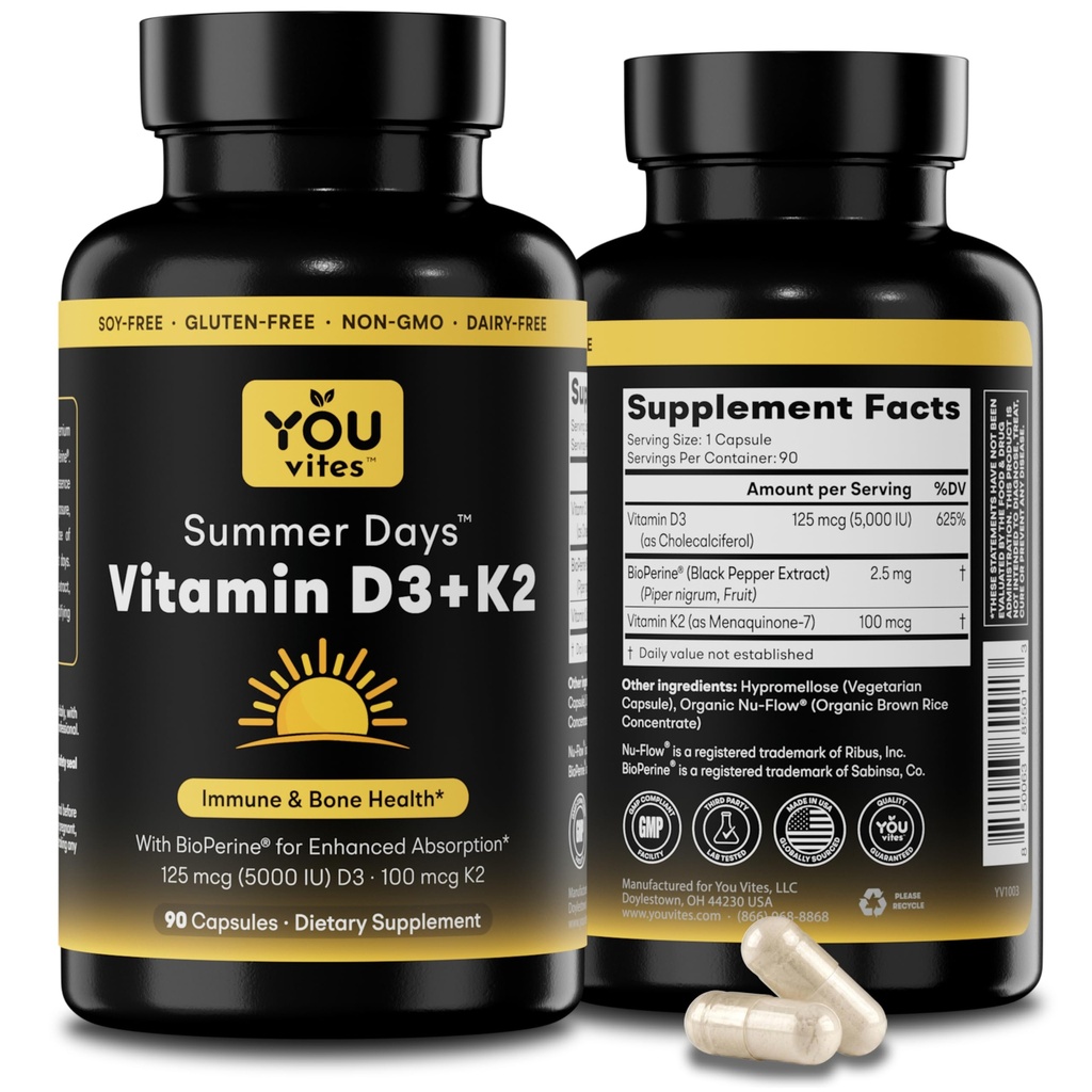 维生素D3 + K2 - 最大吸收,5000 IU D3 & 100 mcg K2 MK-7(Menaquinone-7) 配有 BioPerine - 骨,心和免疫支持 - 非GMO, Gluten Free, Soy Free - 90 Capsules - 每日补编