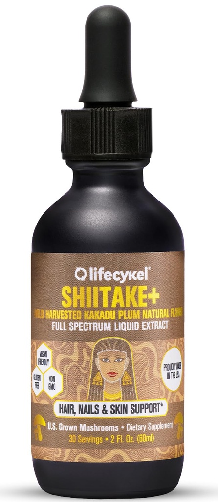 Lifecykel - Shiitake Mushroom 提取器与 Kakadu Plum- Hair, Skin & Nail 支持, 抗衰老补充剂- 100%有机蘑菇, Immune Boosting, Vitamin C Made in the US - 2 Fl oz (Package May Vary)