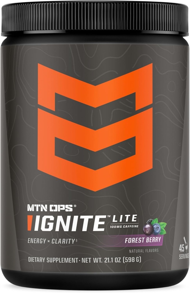 MTN OPS Ignite Lite Energy Drinking Powder Gluten Free Nitric Oxide 补充 Drink Mix, L Arginine, L Citrulline, Coffeine 和 Nootropic 免费饮糖 Mix, 45 services, Forest Berry 配音器