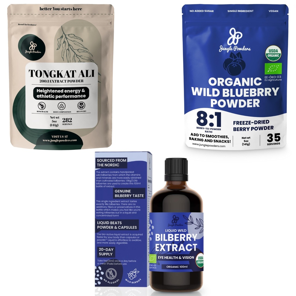 Junle Powers Ultimate Men's Health and Wellness Bundle: 5oz Tongkat Ali Powder, 5oz 野蓝莓粉 & 3.4oz 有机比尔贝里液体提取 - 用于驱动,激情,视力的Premium补充剂