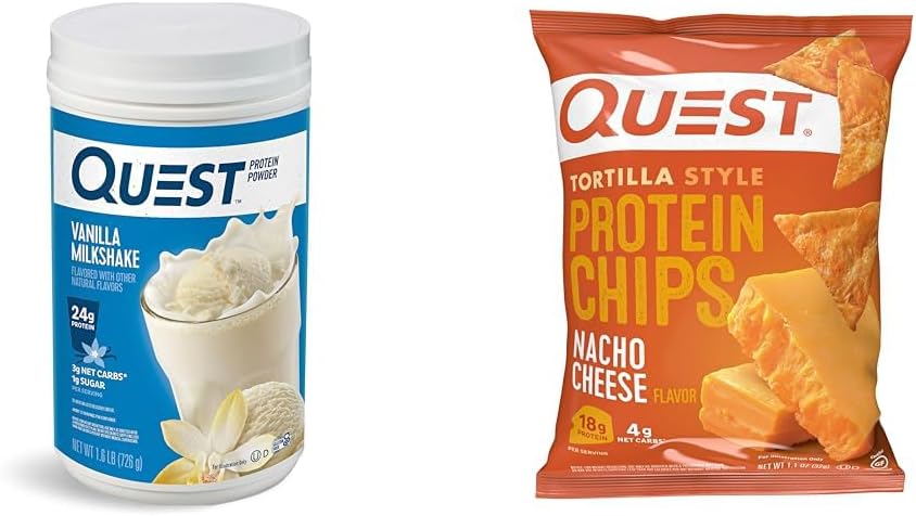 香草奶昔蛋白粉,24g蛋白,1.6lb + Quest Nacho Cheese Tortilla 风格蛋白片,18g蛋白,包装12