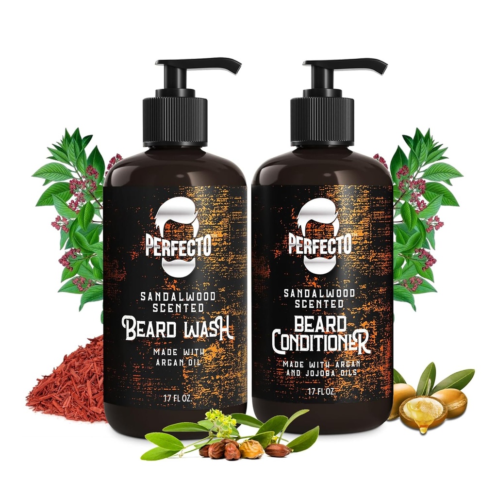配有 Argan 和 Jojoba Oils 的完美胡子 洗胡子和胡子 条件设定 - 强化和柔软 - 天然桑达尔木 Scent