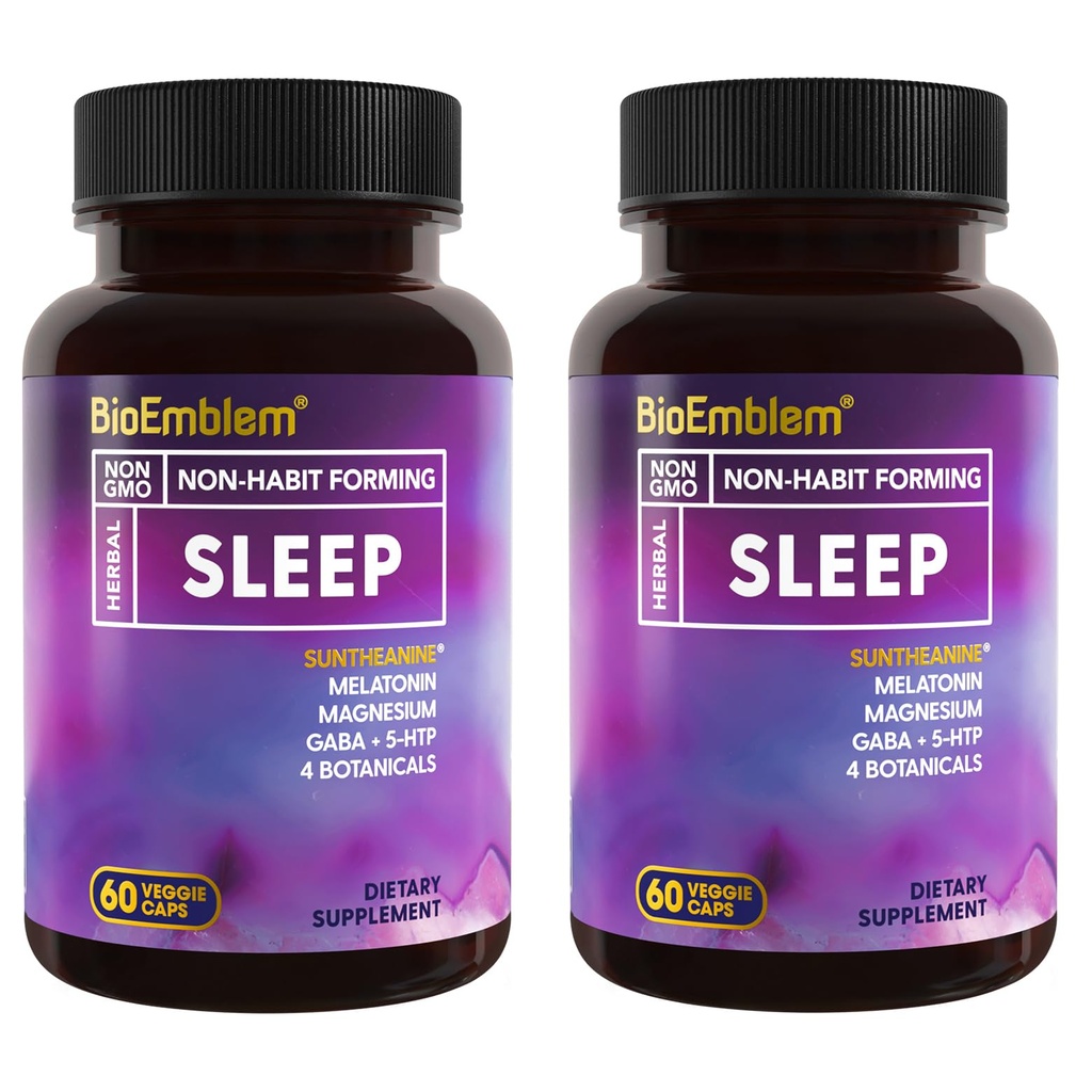 BioEmblem 天然睡眠援助 成人与梅拉托宁,瓦莱里安根,Suntheanine & More QQ健康睡眠补充 草药睡眠药片 60 Capsules, 2 Pack
