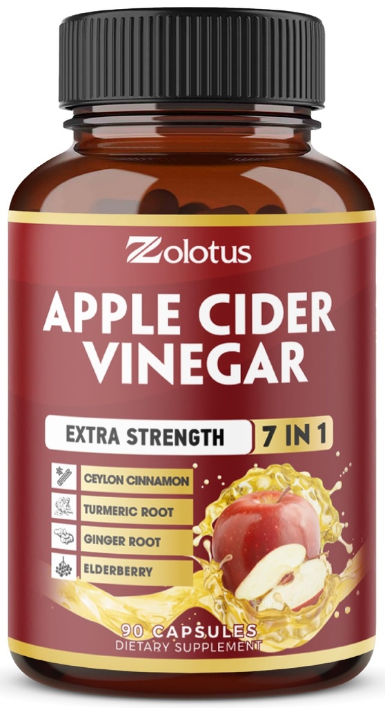 Zolotus 7 in 1 Apple Cider Vinegar Capsules, 3个月供应锡兰桂, 姜根, Turmeric, 支持文摘的老莓, Imune, 90 Capsules