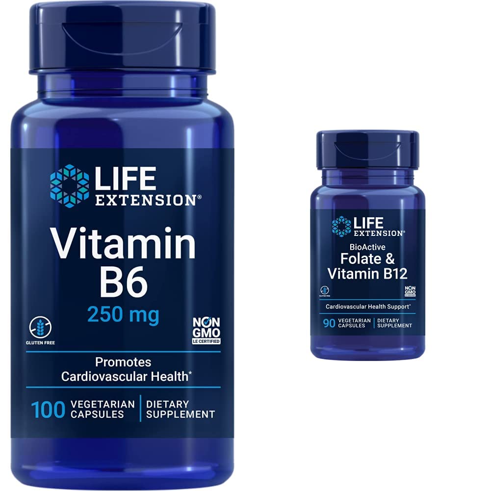生命延长 维生素B6 250毫克,100 蔬菜 Capsules & Folate & Vitamin B12,蔬菜 Capsules, White, 90 Counter