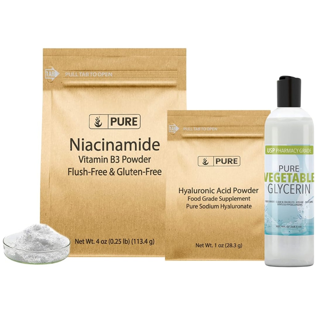 纯原成份素素素素素酸, Niacinamide, 和Glycerin Bundle, 各种尺寸, 无色, 无色