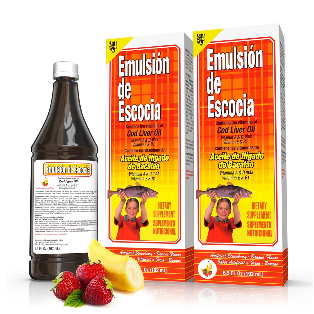 Emulsión de Escocia Cod Liver Oil Liquid 配有维生素A、D、E和B1-天然鱼油 Omega 3 供儿童和成年人使用-美味草莓香蕉Flavor-6.5 oz(2-Pack)