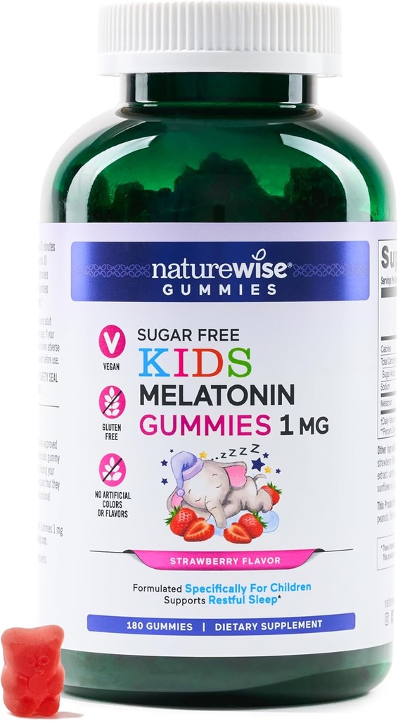 NatureWise Kids Melatonin 1 mg 无糖胶 儿童4岁及以上-非哈比人形成睡眠援助 - 草莓火焰 - Vegan, No Gluten, Non-GMO - 180 Count [6-Month Supplement]
