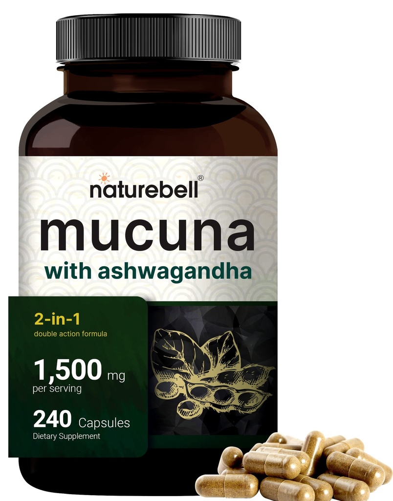 Mucuna Pruriens Capsules, 三重力 1500 mg 一人服役, 2 in 1 公式, 由 Mucuna 和 Ashwagandha 制造, 240 Capsules, Potent种子提取, 积极摩擦, 放松和恢复支持