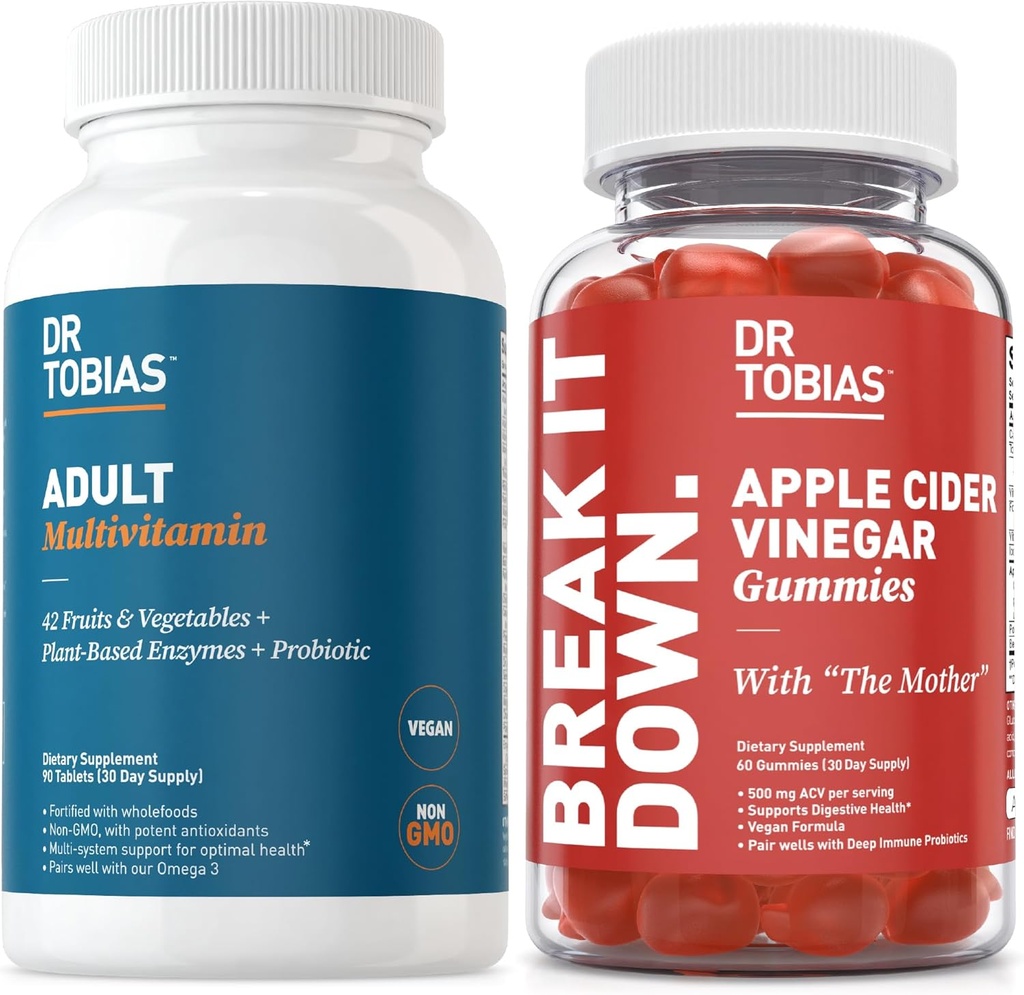 Tobias Dr. Adult Multivamin & Apple Cider Vinegar Gummys, 支持能源,豁免和古特健康,有42种水果和蔬菜+ Probiotics, Cludes The Mother, Folate, B12