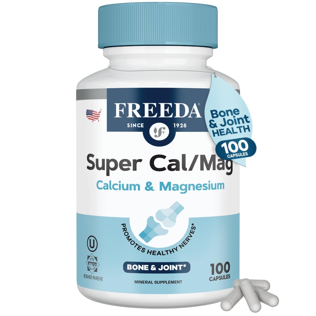 Freeda Super Cal/Mag – Kosher Vegan Bone 健康补编 – 支持 Bone 力量,Nerve 函数和肌肉放松 – 蔬菜钙 镁 胶囊 – 第三方测试 – (100 Capsules)