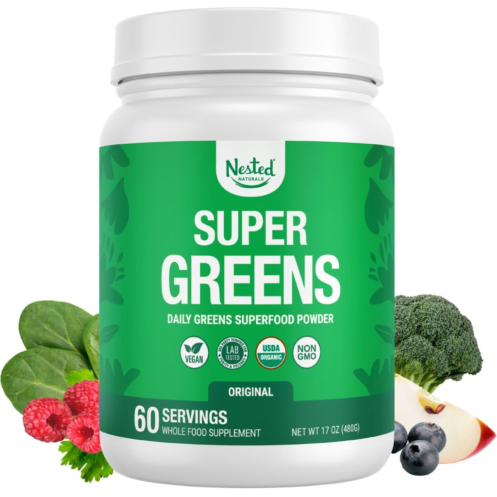 Nested Naturals Super Greens Daily Superfood Powder - 认证的USDA 有机绿色粉末 W/20+ 全食品,螺旋粉,小麦和大麦草 - Probiotics, Fiber & Ezymes - 原始 Flavor, 60