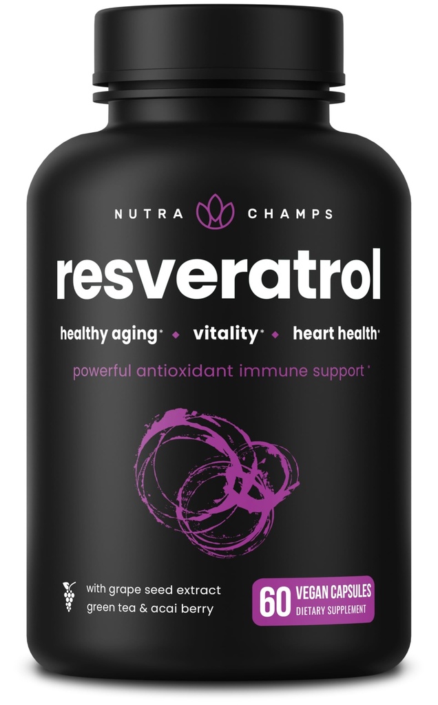 NutraChamps Resveratrol补编,健康衰老的超强公式,免疫支持,60 Vegan Capsules 具有跨Resveratrol,绿色茶叶,Acai Berry和葡萄种子提取