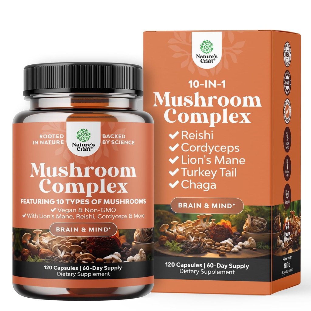 高级蘑菇综合症 Capsules - 10X Lions Mane Capsules with Reishi, Chaga, Maitake & Shitake for Brain Health Memory Support and Focus - Notropic for Mentral Clarity - 120 Caps - 神经病 Caps