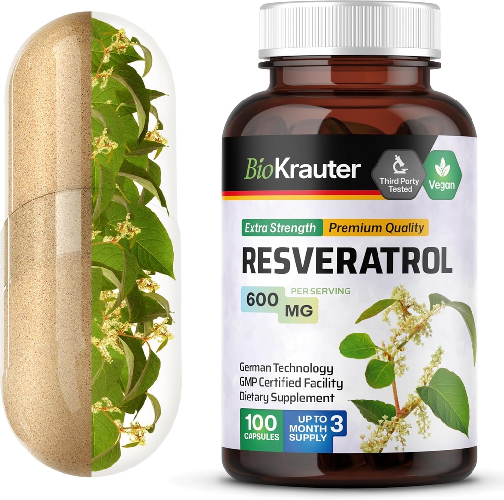BIO KRAUTER Resveratrol 补充 Capsules 600 mg - 100 mg - 天然抗氧化剂 来源 - 98%纯转录Resveratrol 粉剂 - Vegan