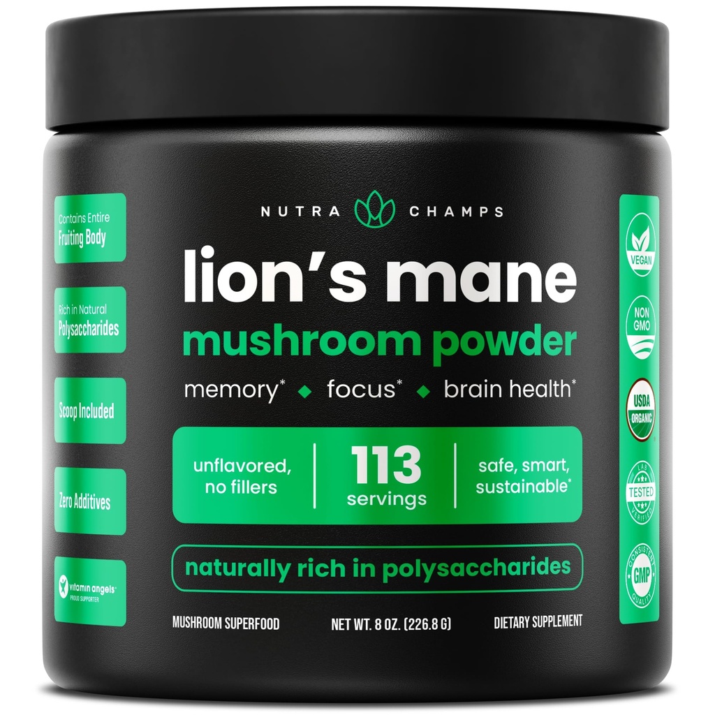 NutraChamps 有机狮子 玛内粉 - 2000mg 强大的诺特罗比 记忆,焦点,免疫支持 - 维根 狮子的玛内蘑菇粉 配有自然发生β-Glucans的补编 - 8oz