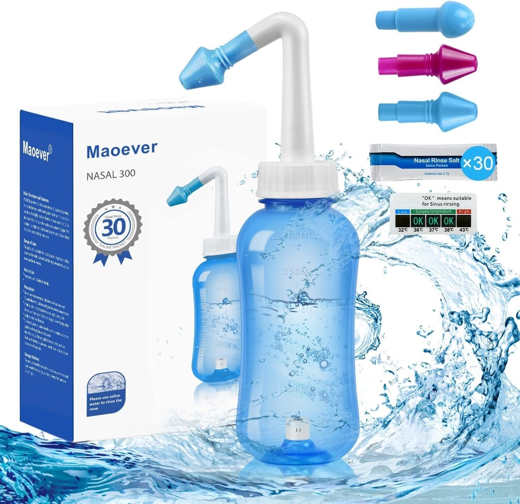 MAOEVER Neti Pot Sinus Rinse Nasal Wash 300ML Neti-Pot,配有30个鼻水洗盐包和粘贴式温度计 Nose 清洗瓶清洁压力灌溉,供成人和孩子使用(蓝色)
