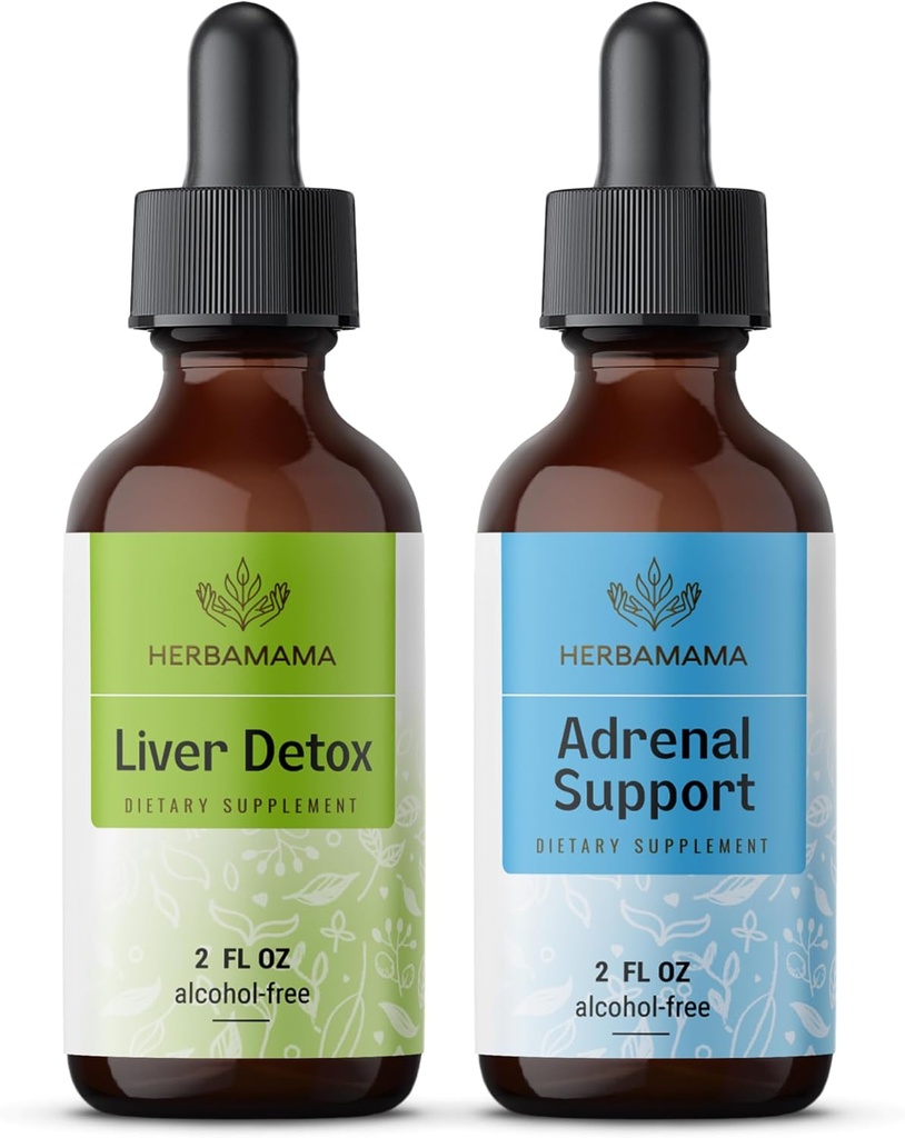 HERBAMAMA 草药液滴 Kit - 肝脏解毒复合物包 4 fl oz和肾上腺支持 Drops 2 fl oz - Vegan, Non-GMO,糖和无酒精 - 2 pack