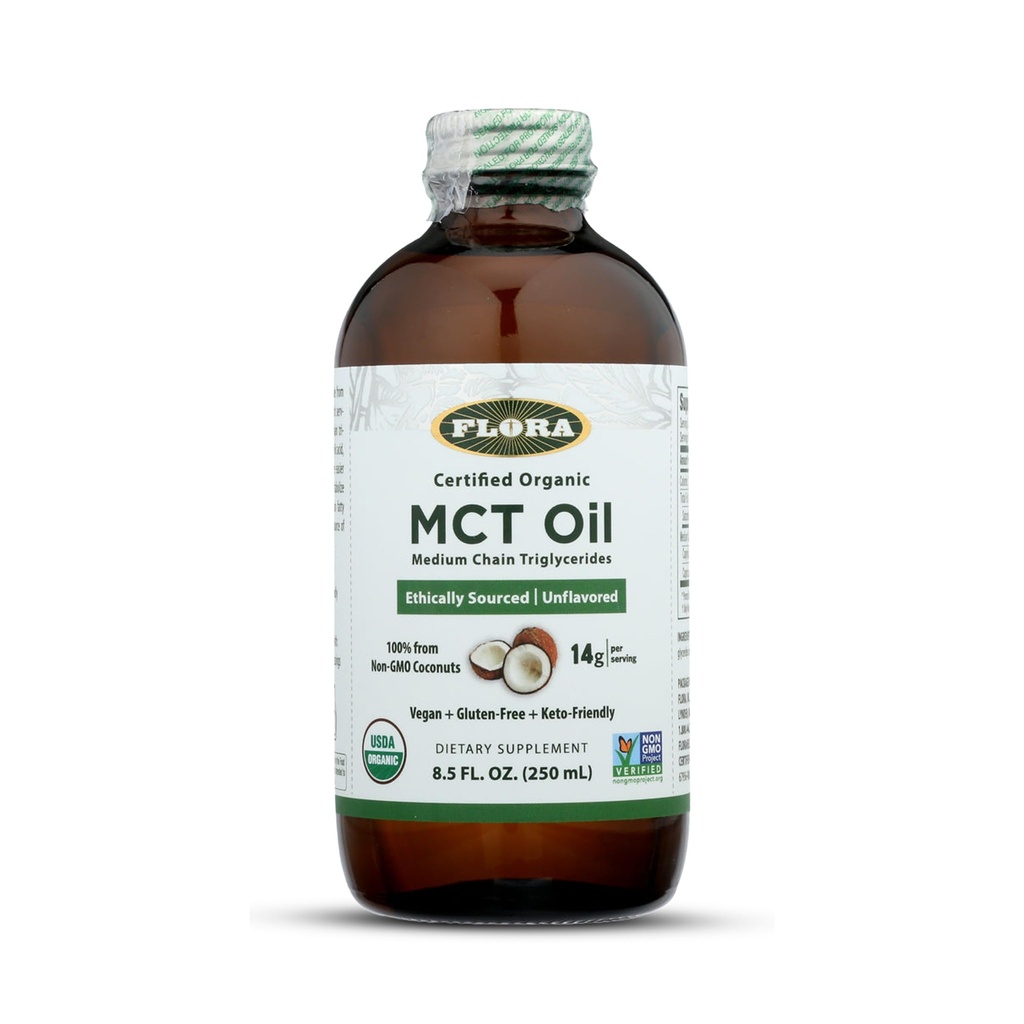 Flora - MCT 石油认证有机物 - 支持肌肉能和脑健康 - 含有C8 Caprylic Acid & C10 Capric Acid - 非GMO,无胶体,Vegan & Keto - Friendly - 8.5 fl. z. Glass Bottle