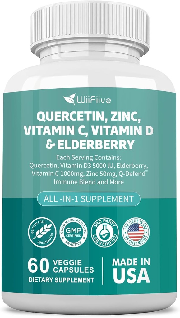 60 Quercetin 50 mg Zinc 1000 mg 维生素C 5000 IU 维生素D3 1000 mg Turmeric 1000 mg 老年莓 配有Q-Defend Imune Blend Reisshi Nettle Arteemisin, Non-GMO, 免费支持健康