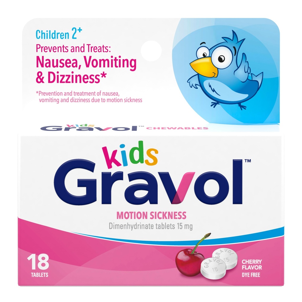 Gravol Kids Chewable Tables for Nausea, Upset 胃部和运动疾病救济,Dye Free, Cherry Flavor, 2至12岁, 18岁ct
