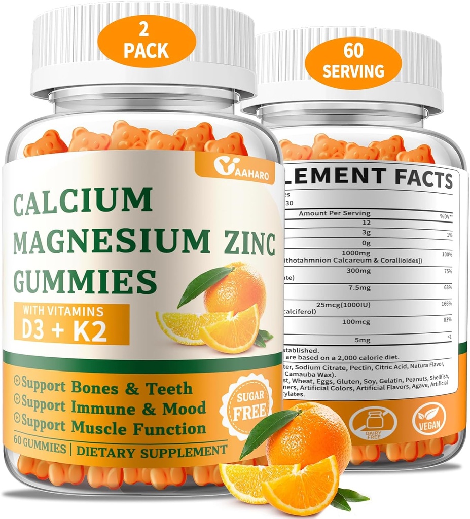 (2 Pack) 含维生素D3 & K2的镁锌酸钙 – 男女无糖钙 – Bone & Immune 支持 - 非 GMO, Gluten- Free, Orange Flawared - 120 Counter