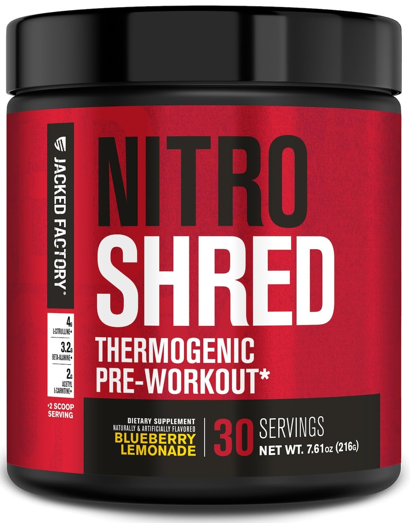 Jacked Factory NITRSURGE Shred Pre Workout Supplement - 能源助推器,即时强力增益器,尖锐聚焦器,强力泵 - Nitric Oxide Boster & PreWorkout Powder - 30Sv,蓝莓柠檬水