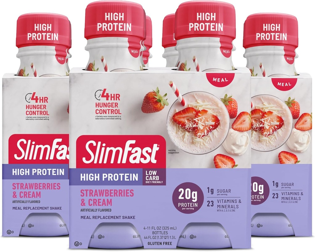 SlimFast 高级营养 食用替代蛋白摇摆 -- -- 准备饮用,粉红色,草莓和奶油,4瓶(3袋)