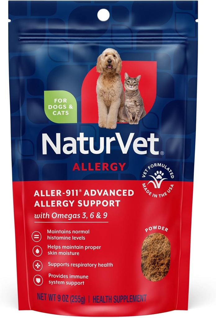 NaturVet Aller-911 高级过敏性援助公式 粉剂加抗氧化剂,用于狗和猫,9 oz粉剂,美国制造