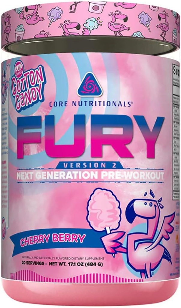 核心营养素 Fury V2: 工作前粉,以最大限度地提高Gym W/Zum-XR®咖啡因,L-Citruline和Alpha GPC(40 Scoops)(Fun SweetsTM Cherry Berry)的性能.