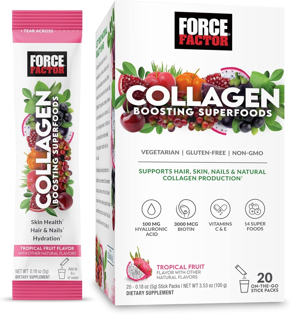 强因子Collagen 推动超食品 生物素, Hyaluronic Acid, 竹条, 和头发, 皮肤, 和钉子维生素, 钉加强剂和皮肤补充剂, 热带水果火焰, 20个棒包