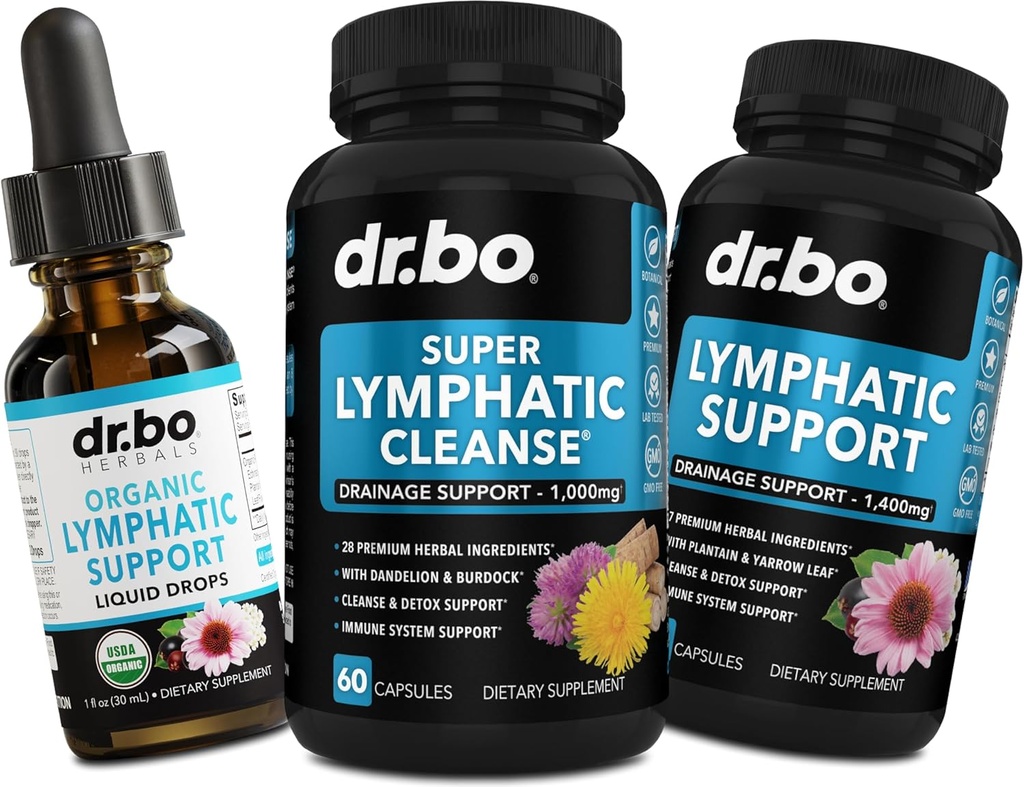 淋巴排水补充剂 Pills & Drops - 有机淋巴支持液滴 Cleanse Capsules with Echinacea, Ginger, Dandelion, Red Root 补充剂 Lymph 节点排水系统