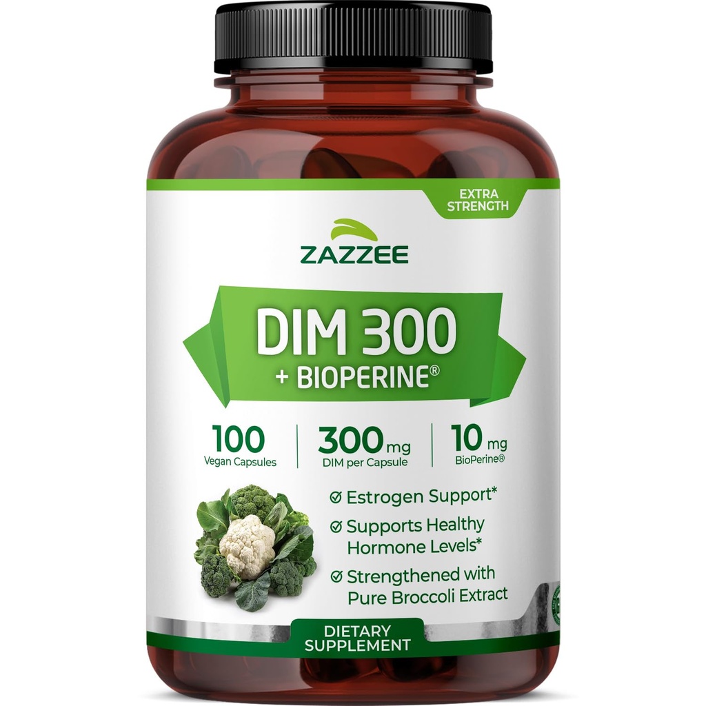 Zazzzee DIM 300 mg per Capsule, 100 Counter, plus 10 mg BioPerine, 雌激素平衡,激素Acne, 更年期支持, 激素平衡, Diindolylmethan, Vegan, 全自然,非GMO, 在美国制造
