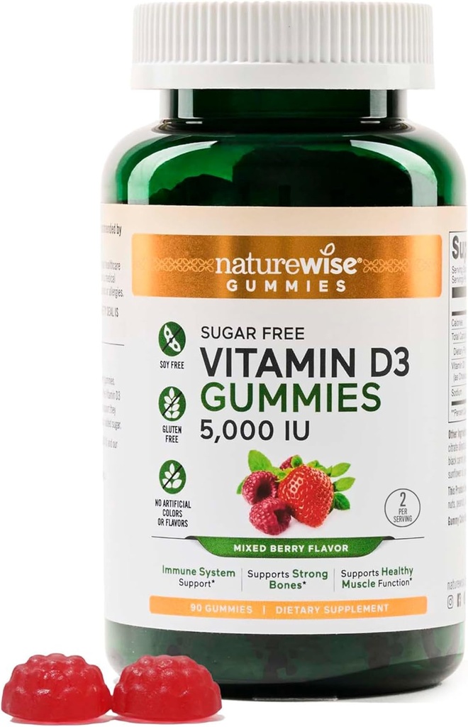 NatureWise Vitamin D35000 IU Gummys - 无糖混合莓火花 - 成人维生素D Gummys,支持豁免,肌肉和骨力 - Gelatin - 无GMO - 90 Gummys[45日供应]