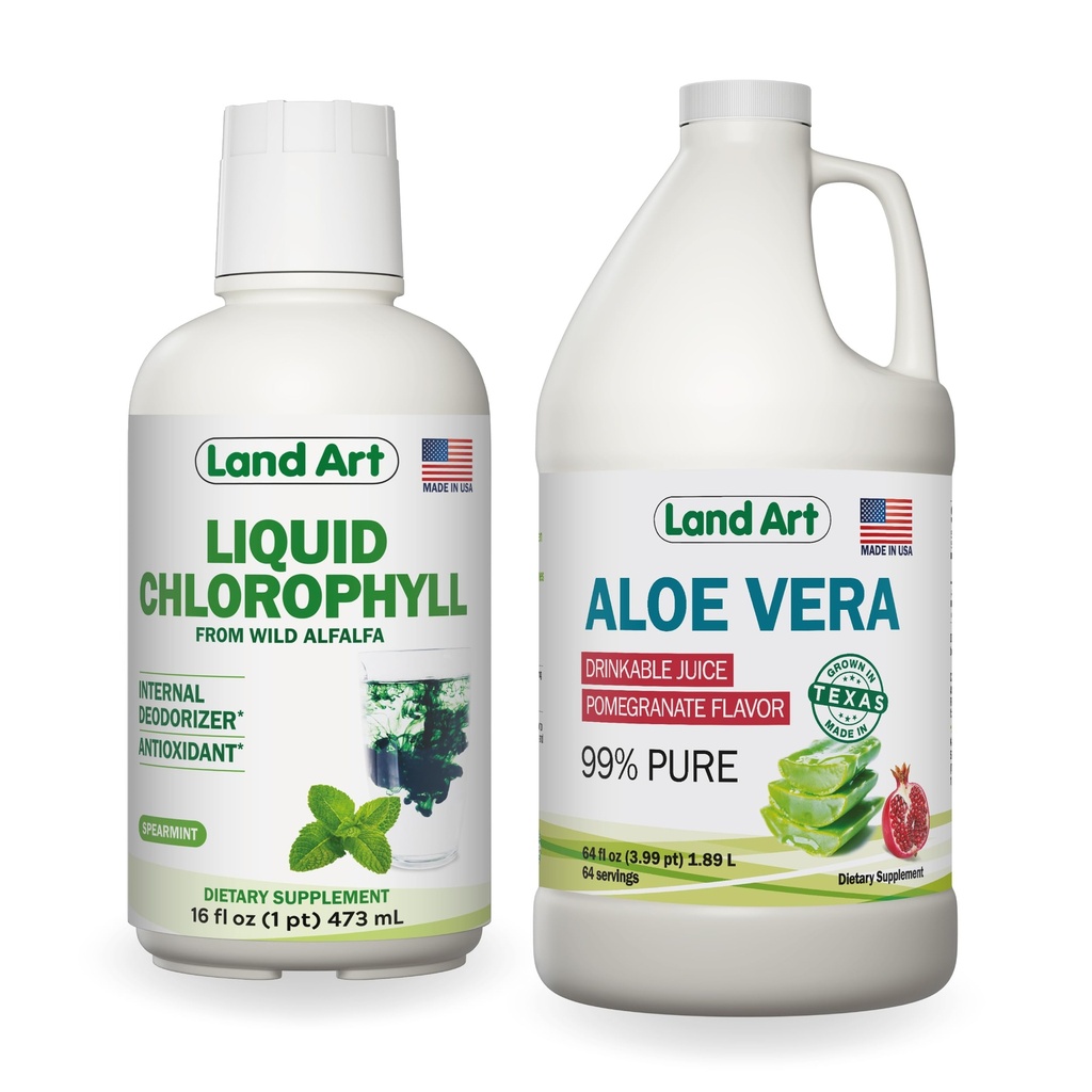 土地艺术 Aloe Vera Juice - 石榴花粉 - 冷加工 - 有机新鲜叶的内卷片 - 64floz + 液态氯phy薄荷 氟化 - 从野生非GMO Alfalfa提取的冷 - 16floz
