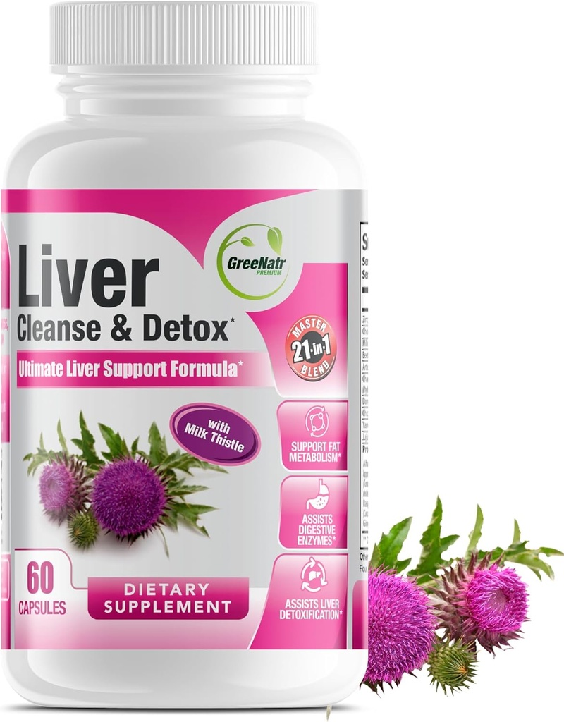 GreeNatr Liver Cleanse Detox & Reference Formula - 牛奶硝酸盐、柏柏林、姜汁、甜菜根、丹德利翁根、阿蒂科克提取剂和香卡·皮德拉用于最佳肝脏健康支持(1瓶)