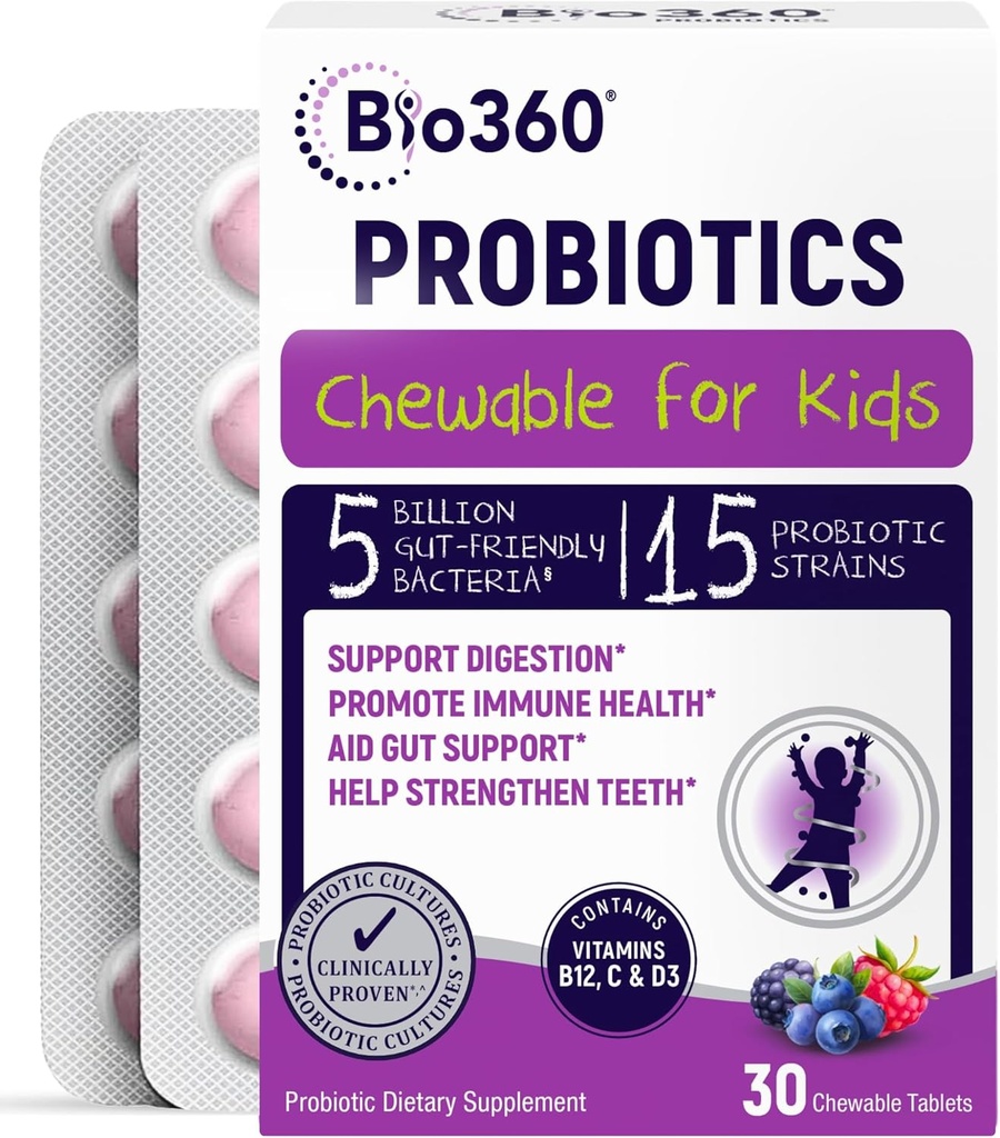 Bio360 儿童priobiotics - 15 Strains & 5亿 CFU 支持大脑,Immune和消化健康 - 儿童 Probiot Chewable 为Gut & Conspitation, Mixed Berry Flavor, 30 Counter