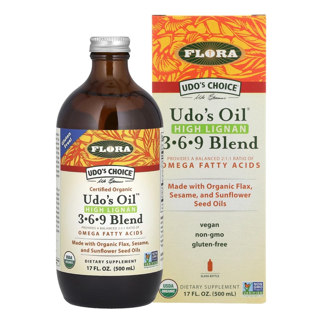 Flora - Udo's Choice High-Lignan 369 Omega Oil Blend, Udo's Olegal bleends 2:1:1 欧米茄脂肪酸的比值,有机叶草制成,芝麻和葵花籽油,17-oz. 玻璃瓶