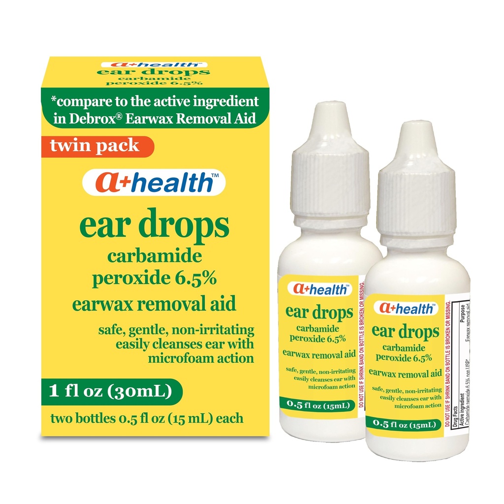 A+健康耳蜡除尘液,过氧化碳6.5%,美国制造,双包,1 f Ounce(两个0.5 fl oz瓶)