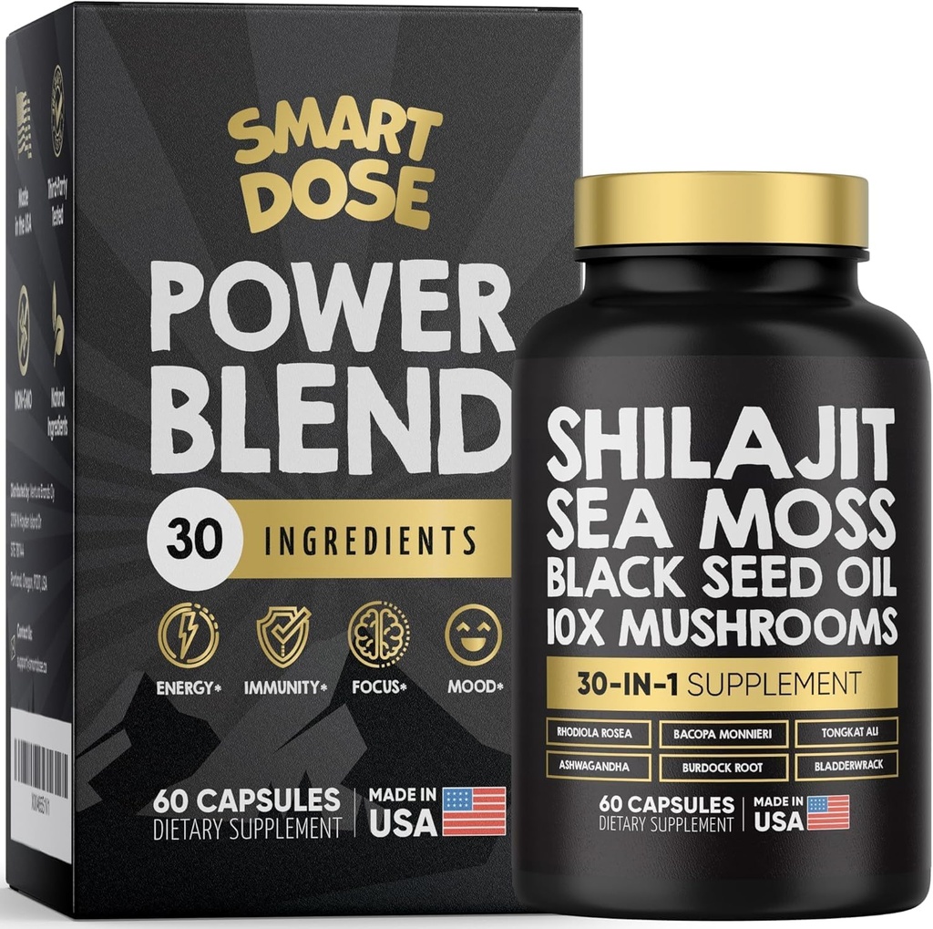 Power Blend Capsules - 30-in-1 与 Shilajit 6000mg, 海 Moss 4000mg, 黑种子油 40000mg, Ashwagandha 2000mg, 10x 蘑菇 , Tongkat Ali, Maca, Holistic Pills Combo 相配