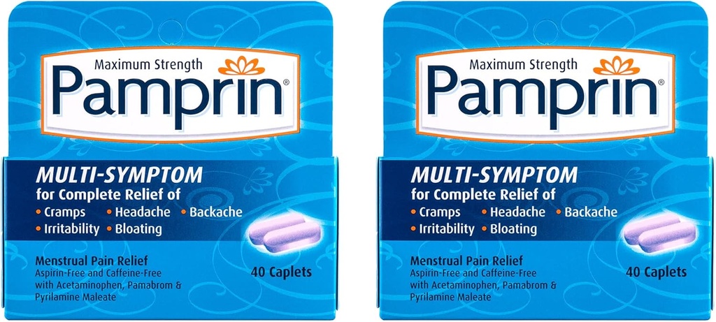 Pamprin 多连体公式,有Acetaminophen、月球期症状,包括Cramps、疼痛、刺激和Bloating,40 Caplets (Pack of 2)