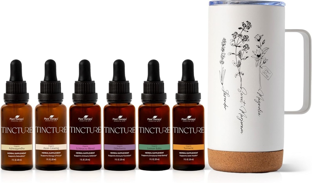 植物治疗总皮革包包括有机阿斯瓦甘达、亚洲金森、Echinacea Blend、长老莓、柠檬浆、Turmeric和Travel Mug的30毫升